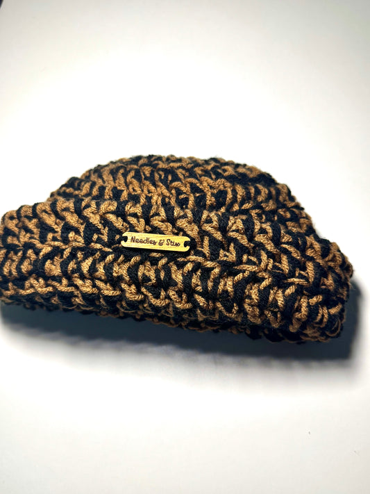 Black and Brown Shortie Crochet Beanie